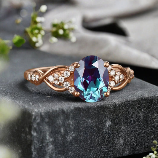 Oval Cut Alexandrite Engagement Ring Unique Alexandrite Moissanite Wedding Ring Gift For Her