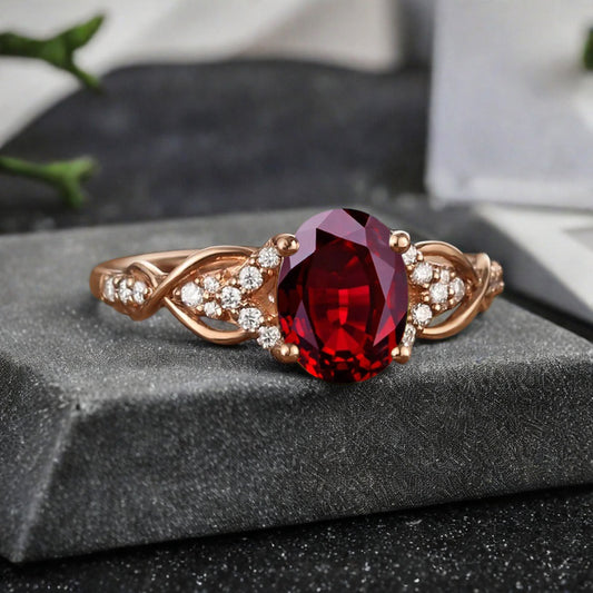 Oval Cut Ruby Engagement Ring Unique Ruby Moissanite Wedding Ring Gift For Her