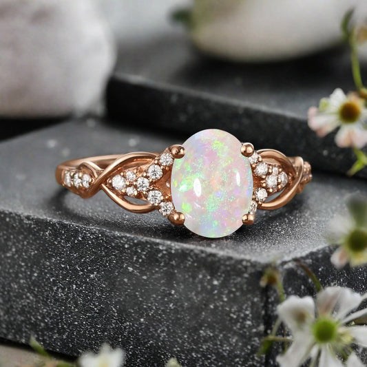 Oval Cut Opal Engagement Ring Unique Opal Moissanite Wedding Ring Gift For Her