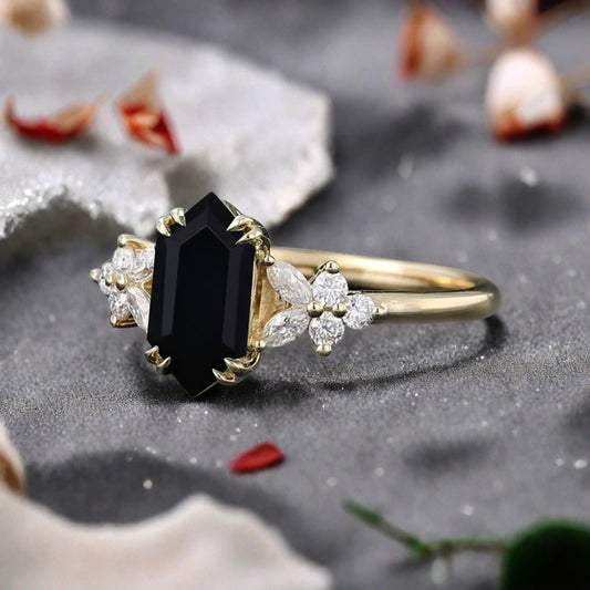 Vintage Hexagon Cut Black Onyx Gemstone Engagement Ring Moissanite Side Stone Wedding Promise Ring