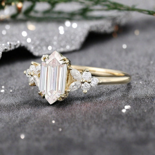 Vintage Hexagon Cut Moissanite Gemstone Engagement Ring Moissanite Side Stone Wedding Promise Ring