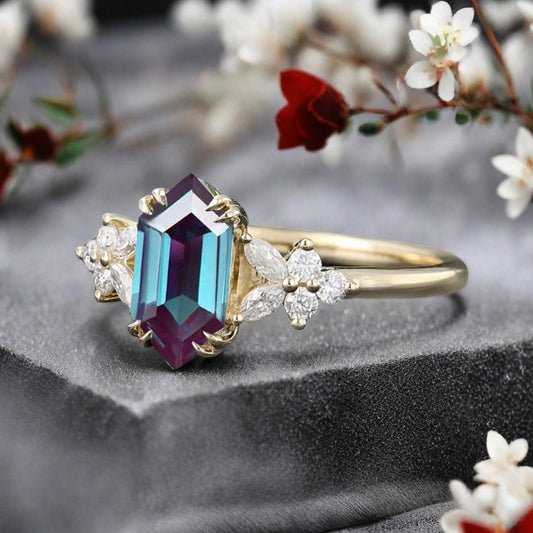 Vintage Hexagon Cut Alexandrite Gemstone Engagement Ring Moissanite Side Stone Wedding Promise Ring
