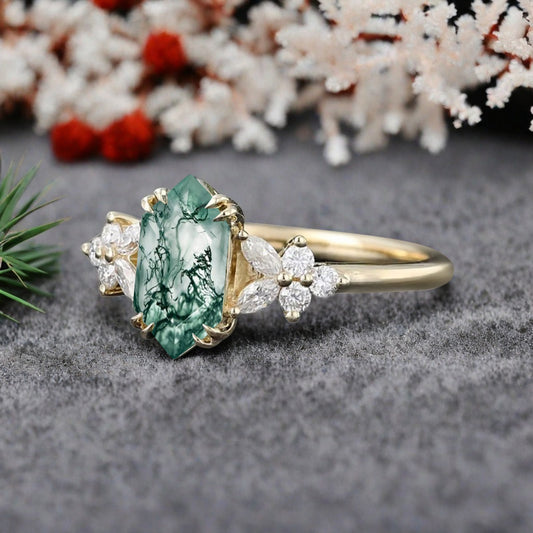 Vintage Hexagon Cut Moss Agate Gemstone Engagement Ring Moissanite Side Stone Wedding Promise Ring