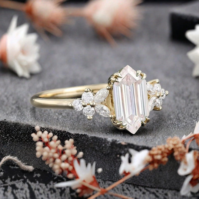 Vintage Hexagon Cut Moissanite Gemstone Engagement Ring Moissanite Side Stone Wedding Promise Ring