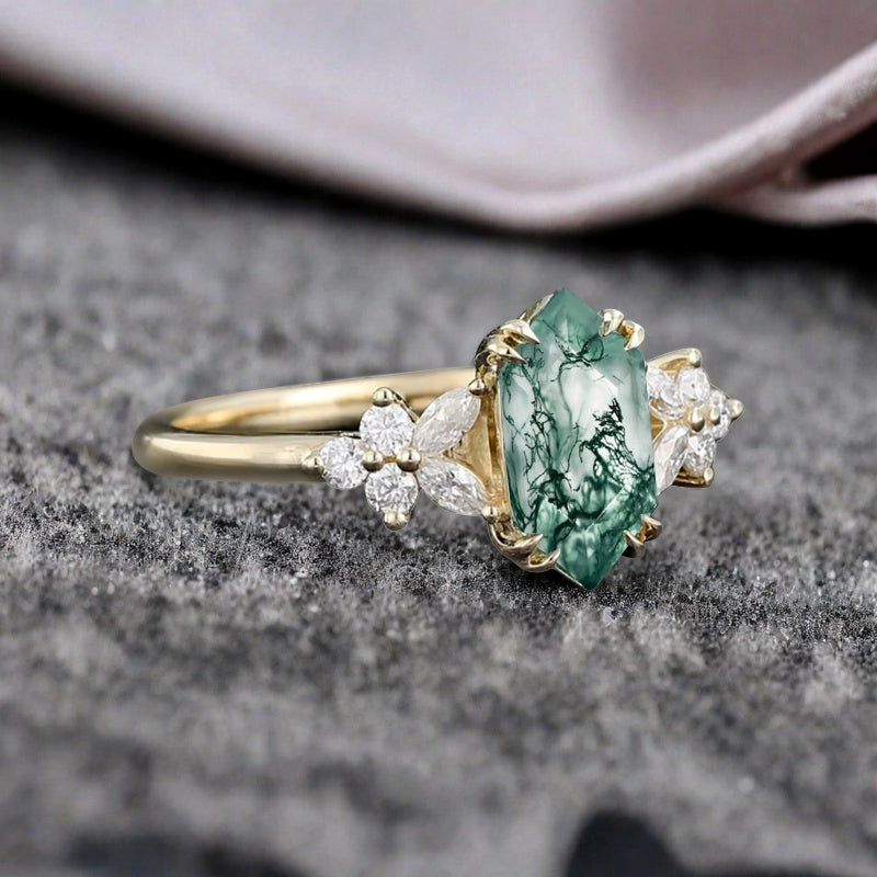 Vintage Hexagon Cut Moss Agate Gemstone Engagement Ring Moissanite Side Stone Wedding Promise Ring