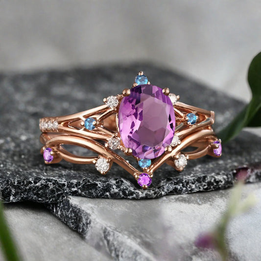 Vintage Oval Shape Amethyst Engagement Ring Set Unique Amethyst Gemstone Promise Bridal Ring Set Anniversary Gift