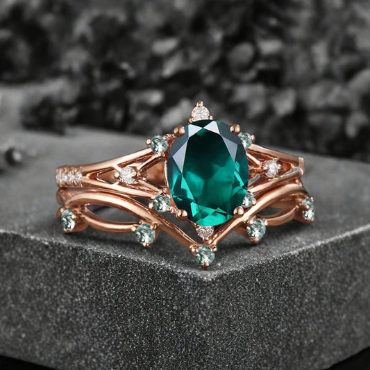 Vintage Oval Shape Emerald Engagement Ring Set Unique Emerald Gemstone Promise Bridal Ring Set Anniversary Gift