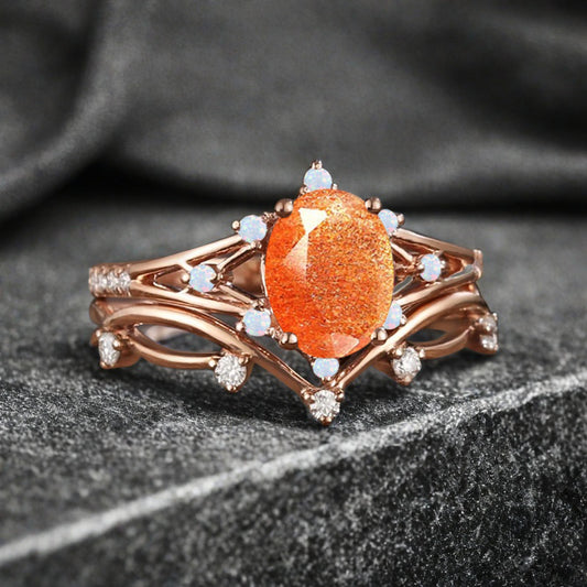 Vintage Oval Shape Sunstone Engagement Ring Set Unique Sunstone Promise Bridal Ring Set Anniversary Gift