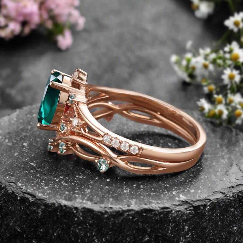 Vintage Birnenform Aquamarin Verlobungsring Set Unikat Versprechen Brautring Set Jubiläumsgeschenk