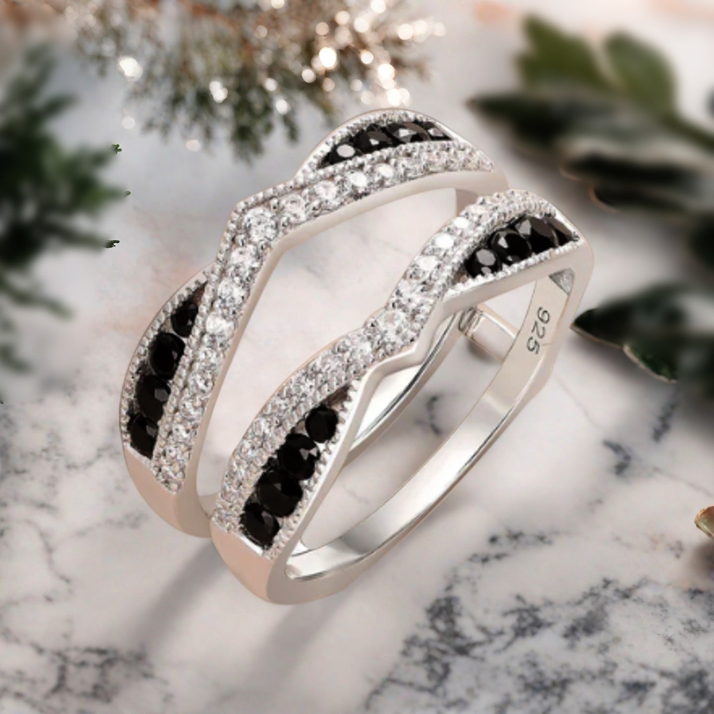 Enhancer ring Double curved wedding Band Moissanite ring Yellow gold Black Onyx stacking matching Bridal wedding Promise ring Anniversary