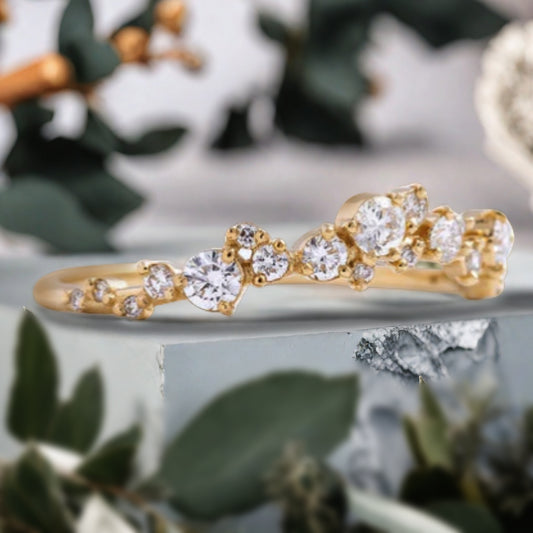 Round Cut Moissanite Engagement Ring Set, Vintage 14K Solid gold Bridal Wedding Set With Matching Chevron Curved Wedding Band, Promise ring