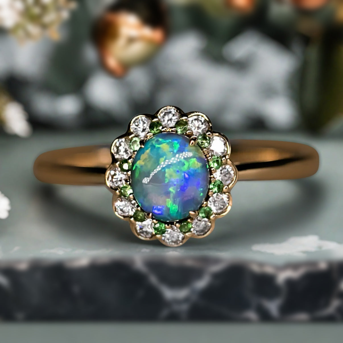 Art Deco Halo Black Opal Engagement ring, Oval Black Opal Cabochon Promise Ring with Moissanite Halo, October Birthstone