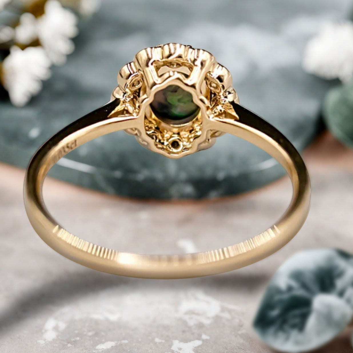 Art Deco Halo Black Opal Engagement ring, Oval Black Opal Cabochon Promise Ring with Moissanite Halo, October Birthstone