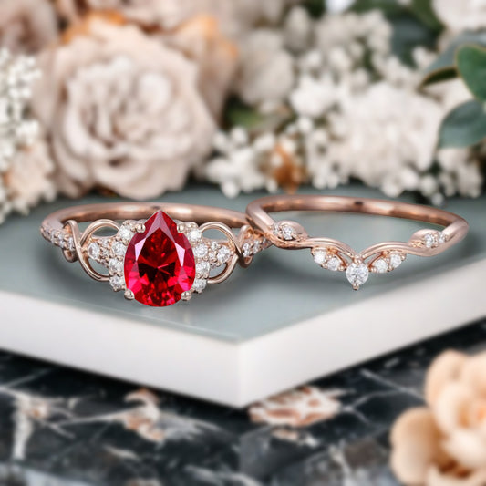Vintage Ruby Ring Set Unique Pear Cut Engagement Moissanite Cluster Wedding Promise Ring Set For Women Delicate Gemstone Ring