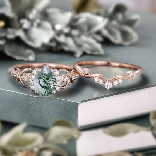 Vintage Moss Agate Ring Set Unique Pear Cut Engagement Moissanite Cluster Wedding Promise Ring Set For Women Delicate Gemstone Ring