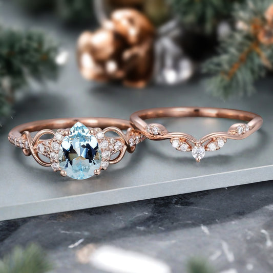 Vintage Aquamarine Ring Set Unique Pear Cut Engagement Moissanite Cluster Wedding Promise Ring Set For Women Delicate Gemstone Ring