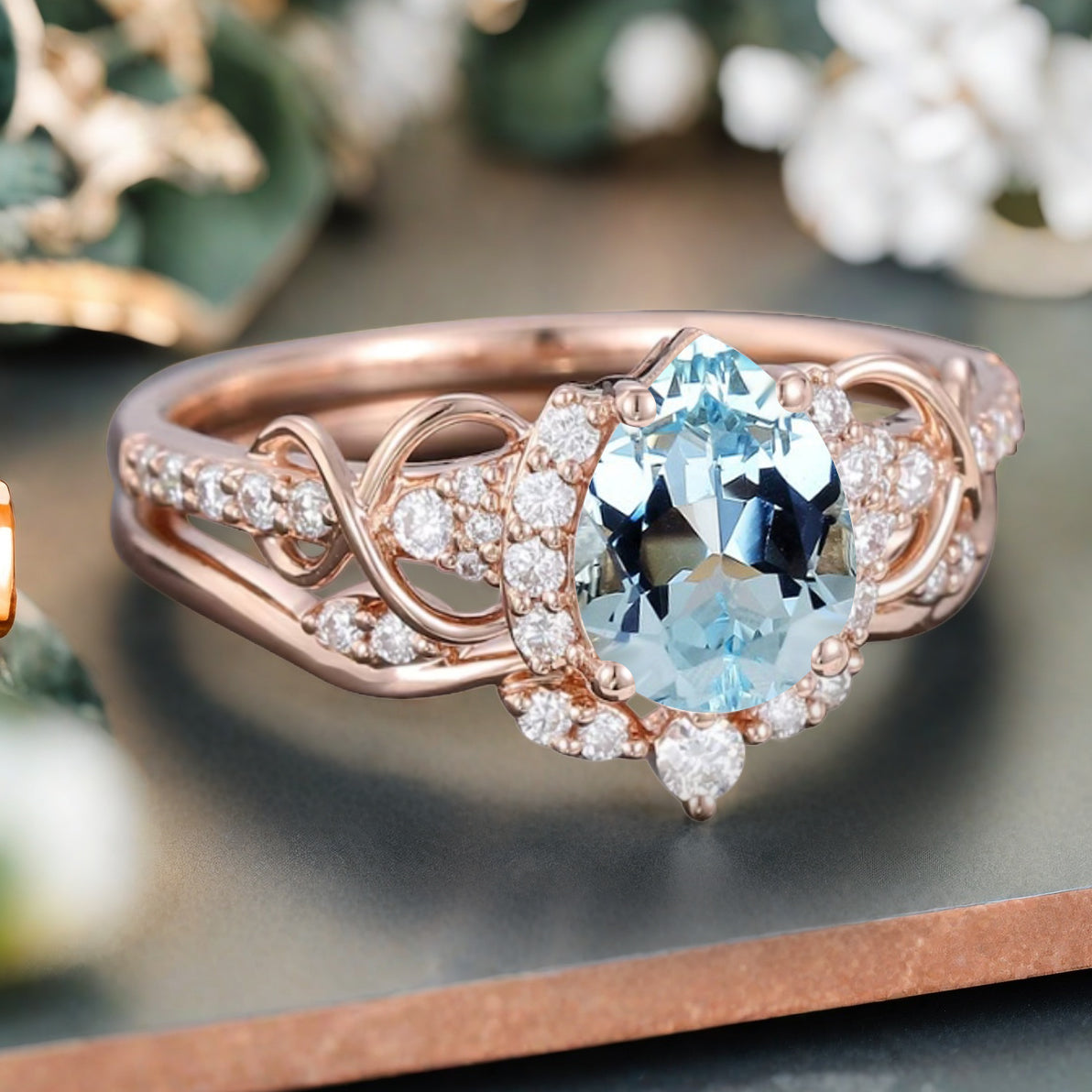 Vintage Aquamarine Ring Set Unique Pear Cut Engagement Moissanite Cluster Wedding Promise Ring Set For Women Delicate Gemstone Ring