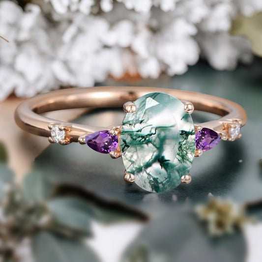 Vintage Oval Cut Moss Agate Ring Unique Amethyst Engagement Ring Leaf-like Gemstone Wedding Statement Ring Gift For Her