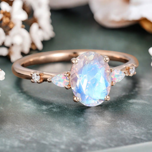 Vintage Oval Cut Moonstone Ring Unique Moonstone Engagement Ring Moon-like Gemstone Wedding Statement Ring Gift For Her