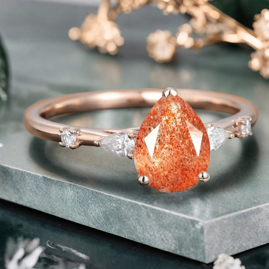 Pear Sunstone Engagement Ring in Rose Gold with Moissanite Accents | 3 Prong Dainty Pear Cut Sunstone Bridal Ring | Unique Gift for Her