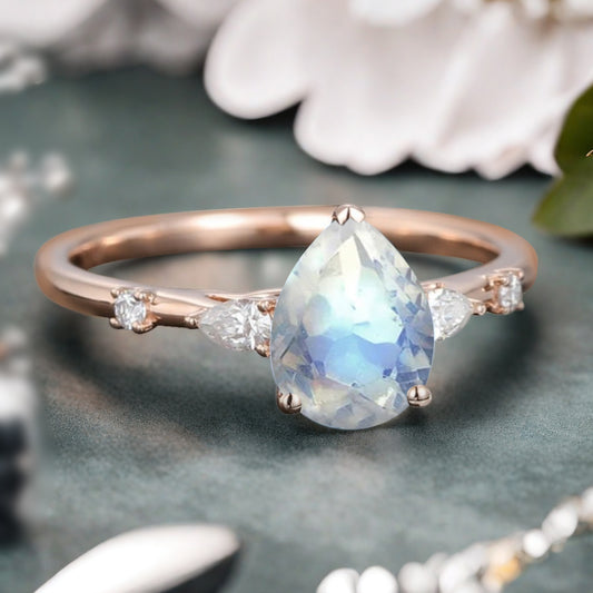 Pear Moonstone Engagement Ring in Rose Gold with Moissanite Accents | 3 Prong Dainty Pear Cut Moonstone Bridal Ring | Unique Gift for Her