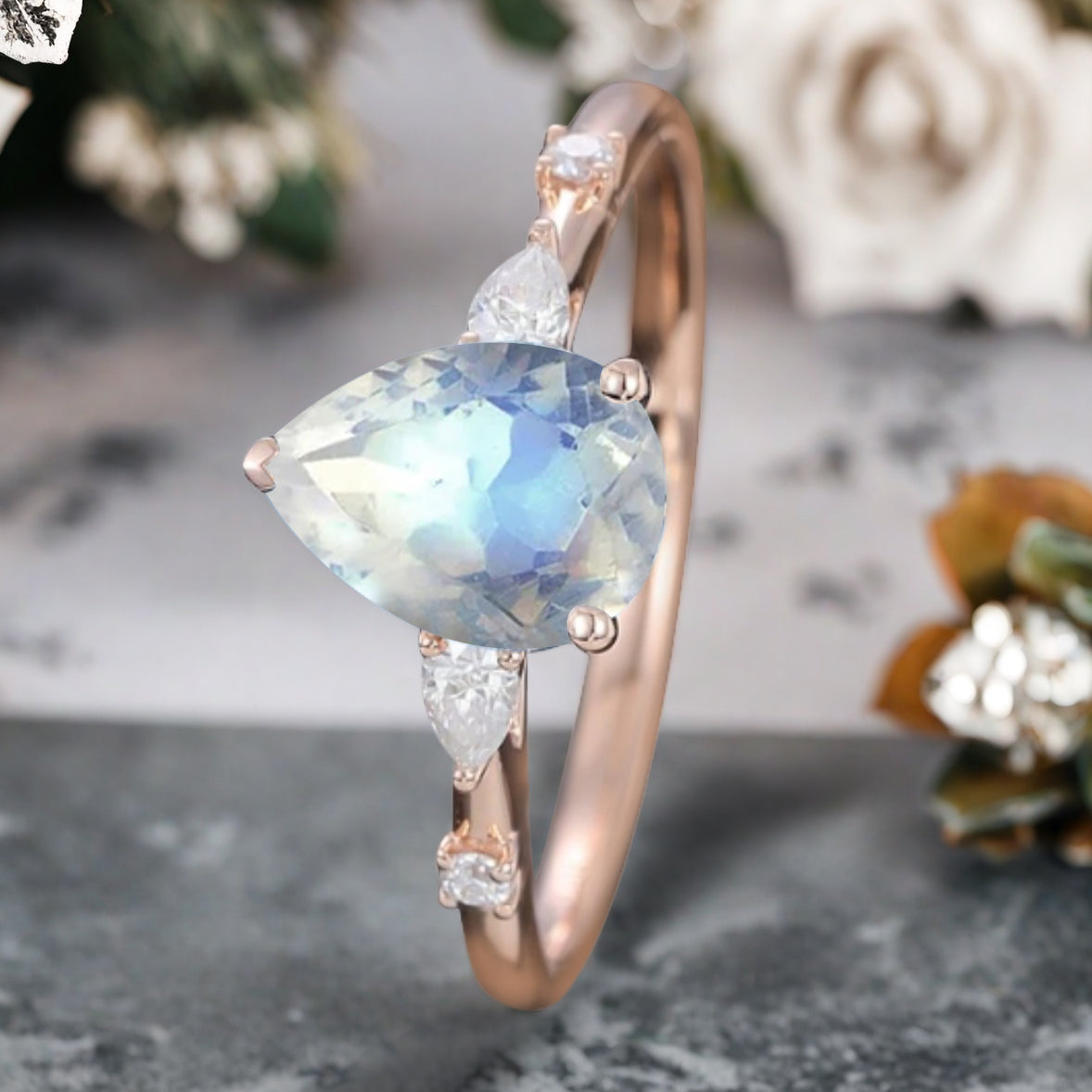 Pear Moonstone Engagement Ring in Rose Gold with Moissanite Accents | 3 Prong Dainty Pear Cut Moonstone Bridal Ring | Unique Gift for Her