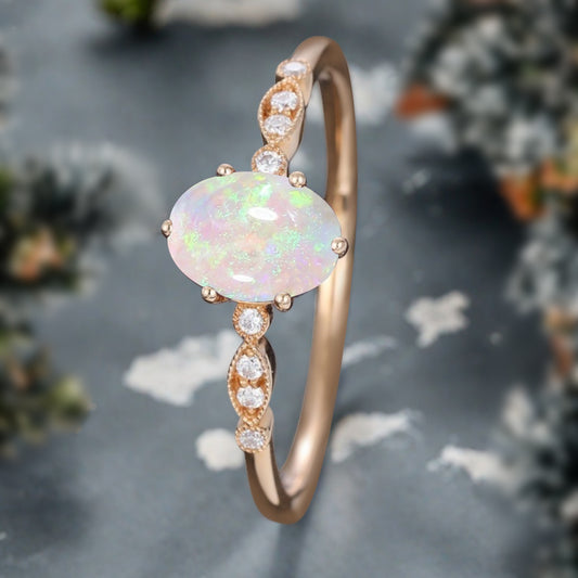 Vintage Oval Cut Opal Engagement Ring Unique Moissanite Wedding Ring Art Deco Rose Gold Ring Dainty Bridal Ring Anniversary Gift Ring