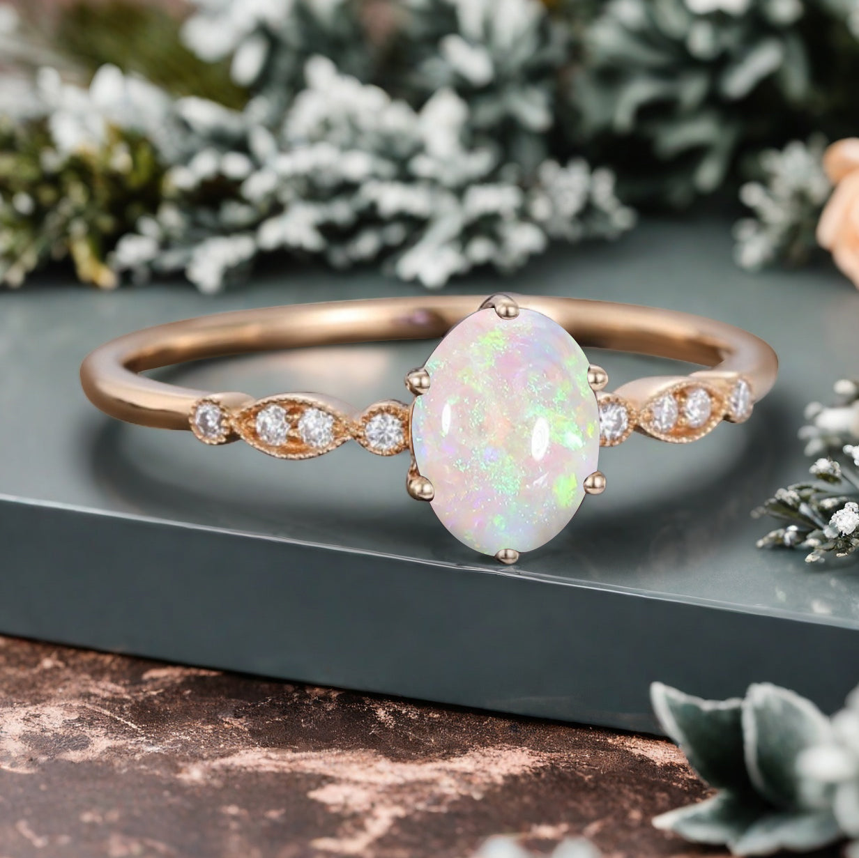 Vintage Oval Cut Opal Engagement Ring Unique Moissanite Wedding Ring Art Deco Rose Gold Ring Dainty Bridal Ring Anniversary Gift Ring