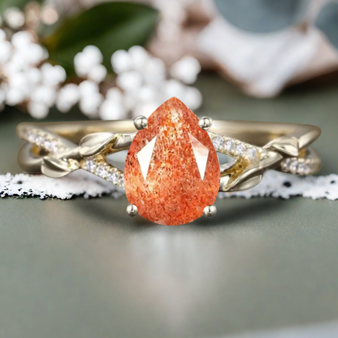 Vintage Unique Sunstone Ring 14K Solid Gold Pear Cut Orange Gemstone Engagement Ring Moissanite Promise Ring Anniversary Gift For Women