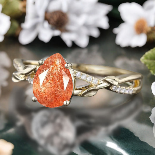 Vintage Unique Sunstone Ring 14K Solid Gold Pear Cut Orange Gemstone Engagement Ring Moissanite Promise Ring Anniversary Gift For Women