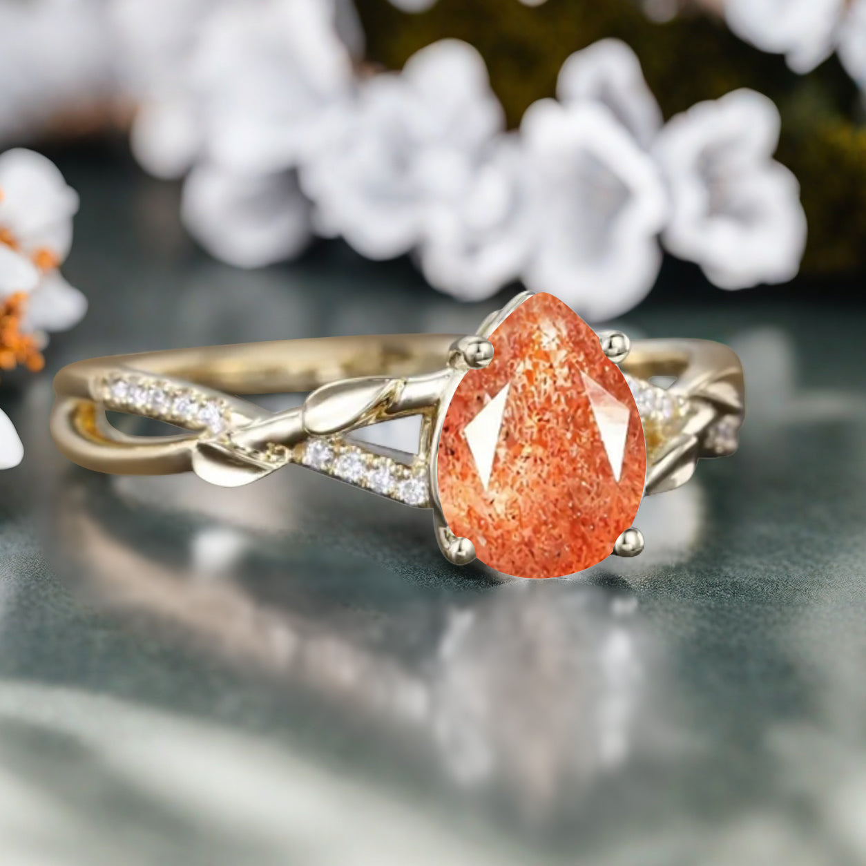 Vintage Unique Sunstone Ring 14K Solid Gold Pear Cut Orange Gemstone Engagement Ring Moissanite Promise Ring Anniversary Gift For Women