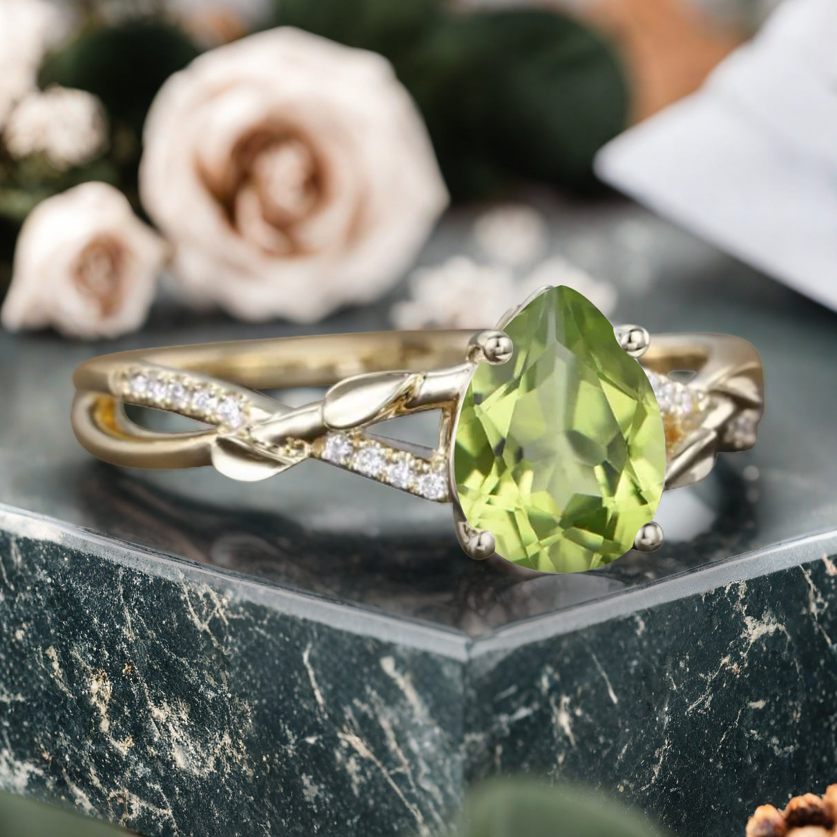 Vintage Unique Peridot Ring 14K Solid Gold Pear Cut Green Gemstone Engagement Ring Moissanite Promise Ring Anniversary Gift For Women