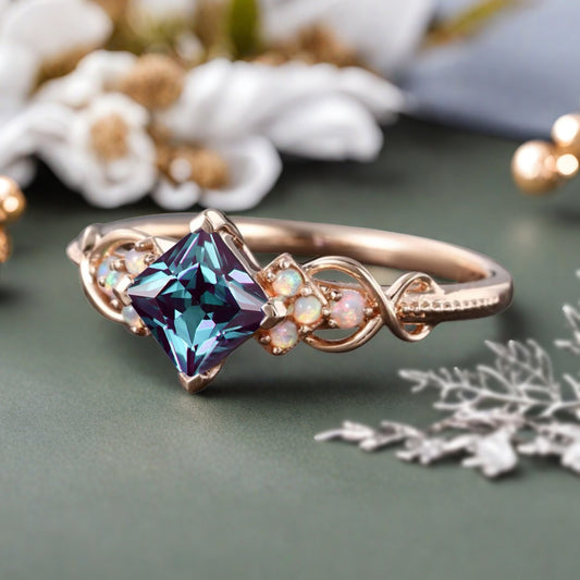 Princess Cut alexandrite engagement ring Rose gold alexandrite wedding ring Dainty diamond bridal ring Twist promise ring Marriage ring Anniversary ring