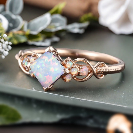 Princess Cut opal engagement ring Rose gold opal wedding ring Dainty diamond bridal ring Twist promise ring Marriage ring Anniversary ring