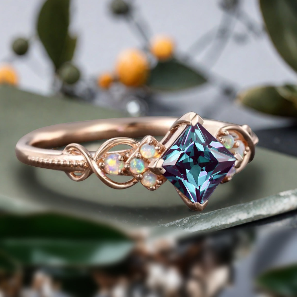 Princess Cut alexandrite engagement ring Rose gold alexandrite wedding ring Dainty diamond bridal ring Twist promise ring Marriage ring Anniversary ring