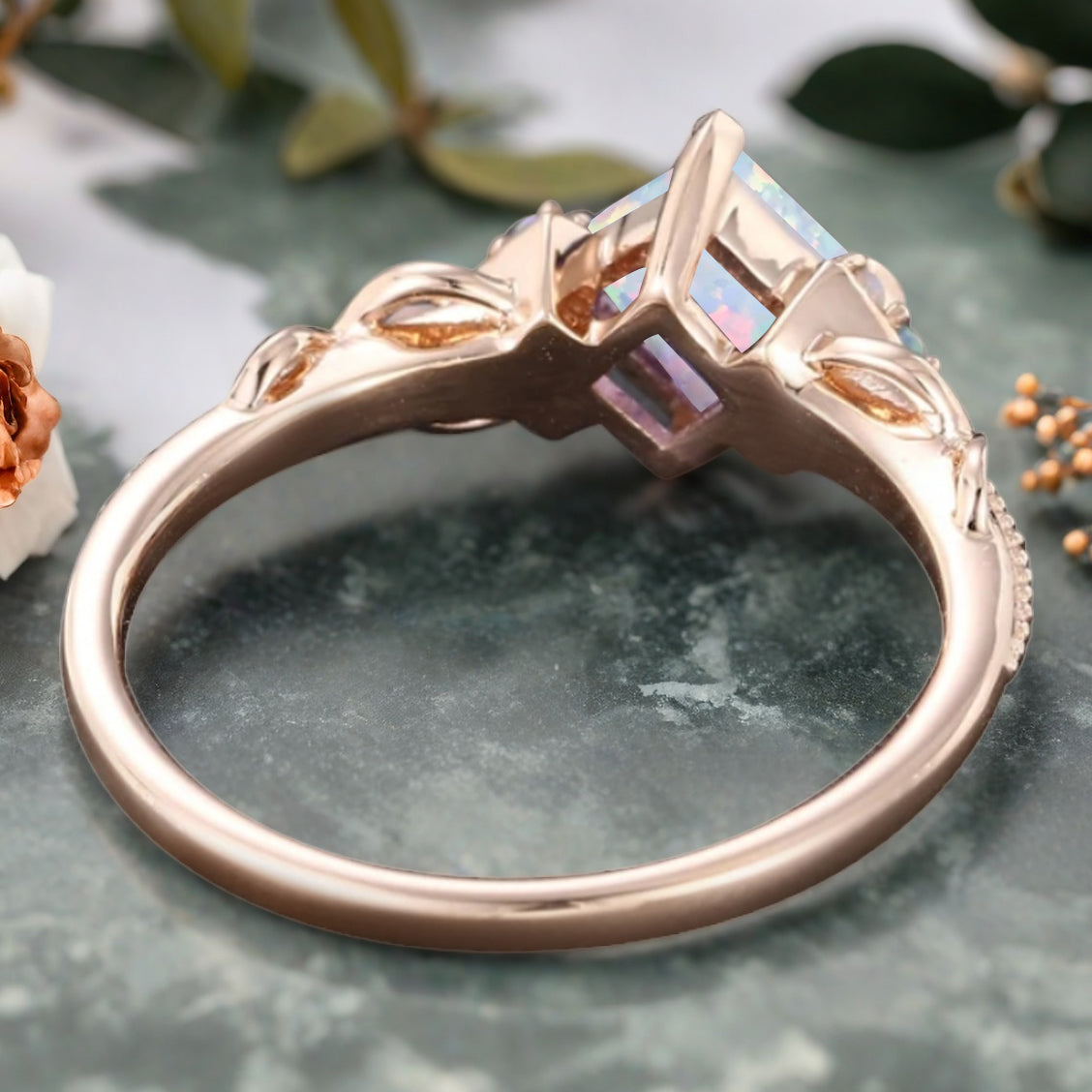 Princess Cut opal engagement ring Rose gold opal wedding ring Dainty diamond bridal ring Twist promise ring Marriage ring Anniversary ring