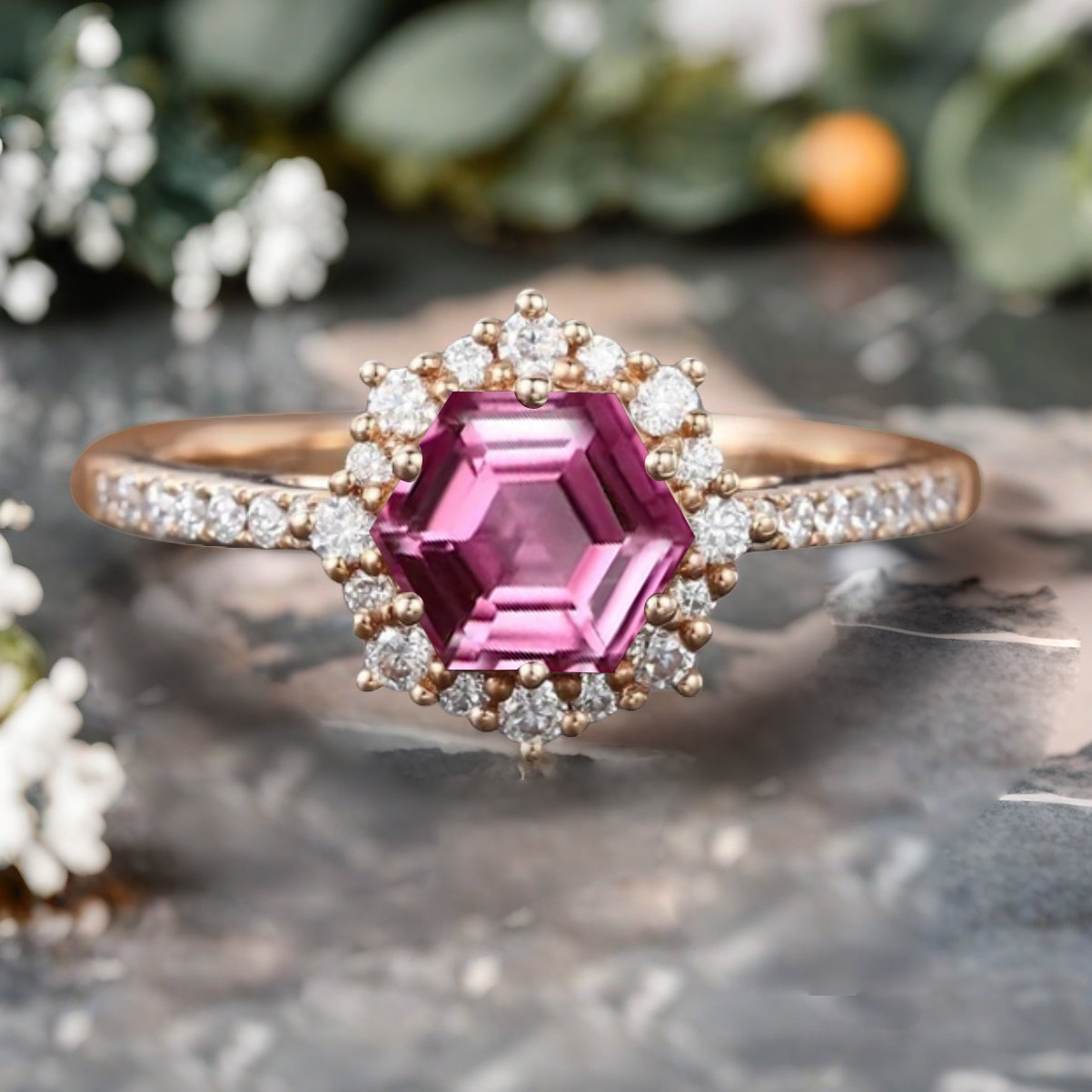 Unique Hexagon Cut Pink Agate Engagement Ring Vintage Pink Sapphire Wedding Bridal Ring Art Deco Pink Agate Gemstone Ring Anniversary Gift
