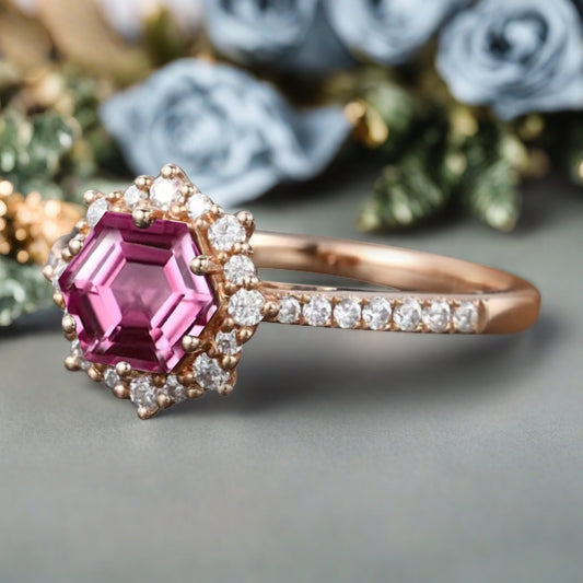 Unique Hexagon Cut Pink Agate Engagement Ring Vintage Pink Sapphire Wedding Bridal Ring Art Deco Pink Agate Gemstone Ring Anniversary Gift