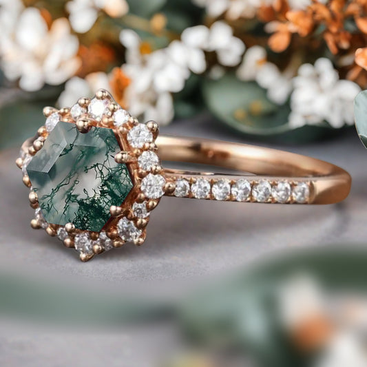 Unique Hexagon Cut Green Agate Engagement Ring Vintage Moss Agate Wedding Bridal Ring Art Deco Green Agate Gemstone Ring Anniversary Gift