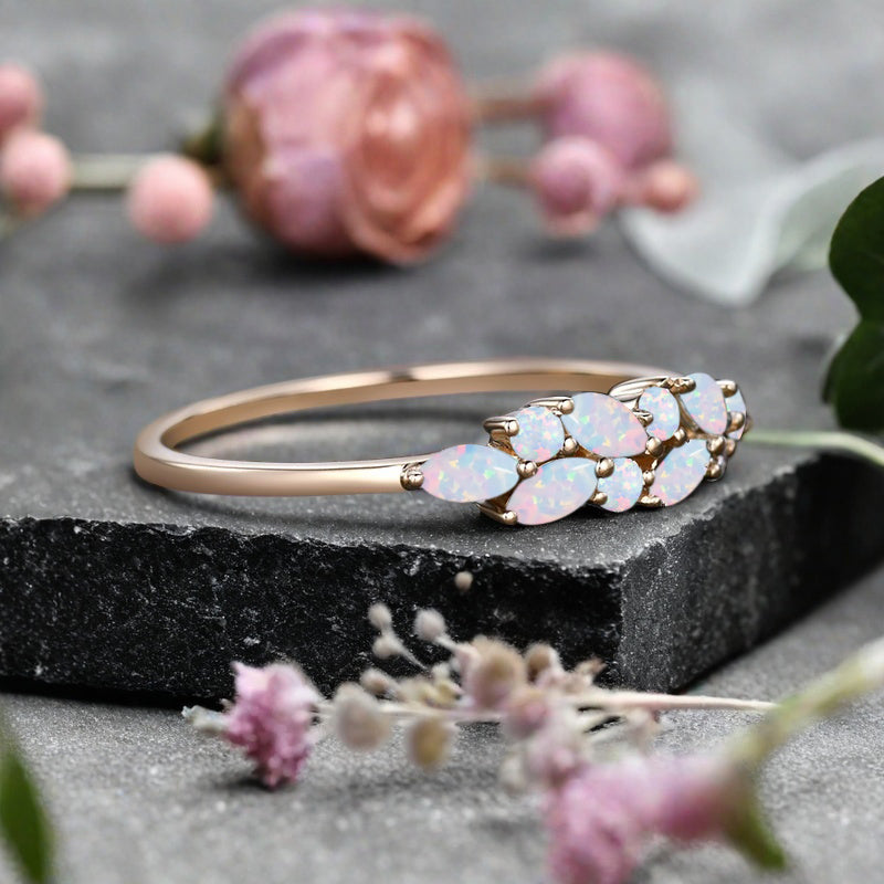 Unique Opal Wedding Band Delicate Marquise Cut Opal Gemstone Matching Band Vintage Promise Ring
