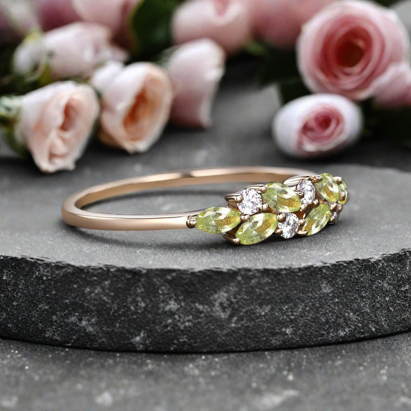 Unique Peridot Wedding Band Delicate Marquise Cut Moissanite Matching Band Vintage Crystal Stacking Promise Ring