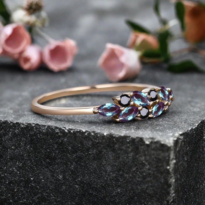 Unique Alexandrite Wedding Band Delicate Marquise Cut Alexandrite Gemstone Matching Band Vintage Black Onyx Stacking Promise Ring