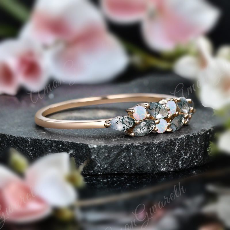 Unique Moss Agate Wedding Band Delicate Marquise Cut Moss Agate Matching Band Vintage Opal Stacking Promise Ring