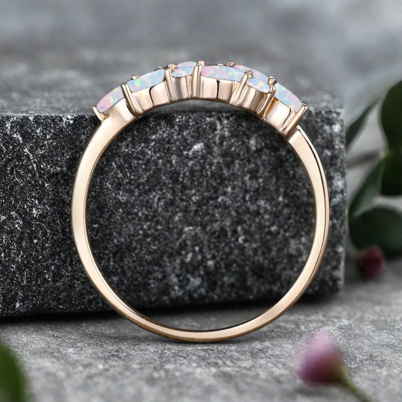 Unique Opal Wedding Band Delicate Marquise Cut Opal Gemstone Matching Band Vintage Promise Ring