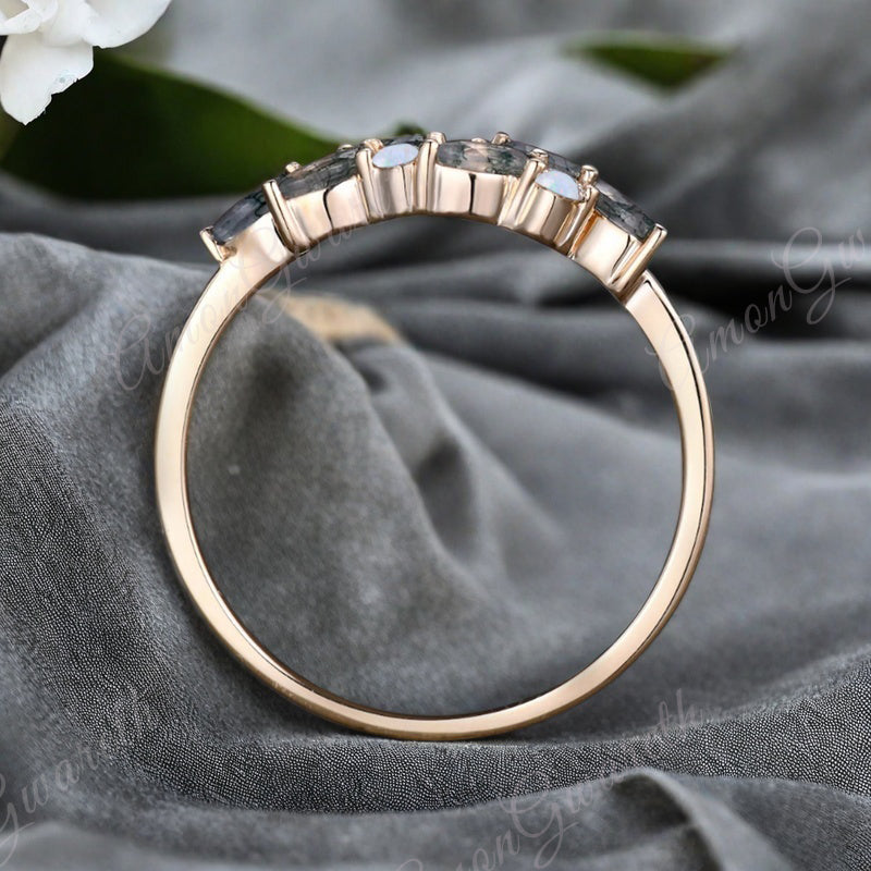 Unique Moss Agate Wedding Band Delicate Marquise Cut Moss Agate Matching Band Vintage Opal Stacking Promise Ring
