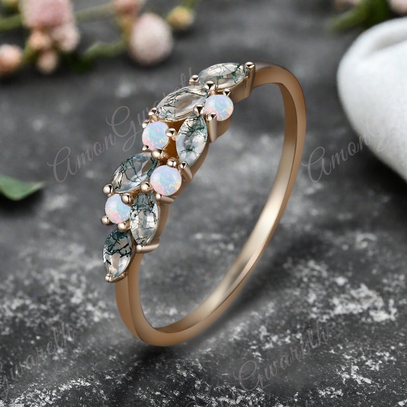 Unique Moss Agate Wedding Band Delicate Marquise Cut Moss Agate Matching Band Vintage Opal Stacking Promise Ring