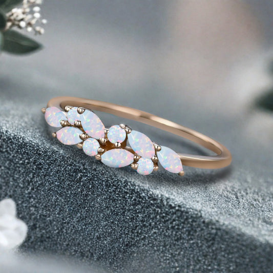 Unique Opal Wedding Band Delicate Marquise Cut Opal Gemstone Matching Band Vintage Promise Ring