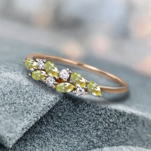 Unique Peridot Wedding Band Delicate Marquise Cut Moissanite Matching Band Vintage Crystal Stacking Promise Ring