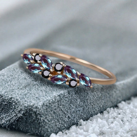 Unique Alexandrite Wedding Band Delicate Marquise Cut Alexandrite Gemstone Matching Band Vintage Black Onyx Stacking Promise Ring