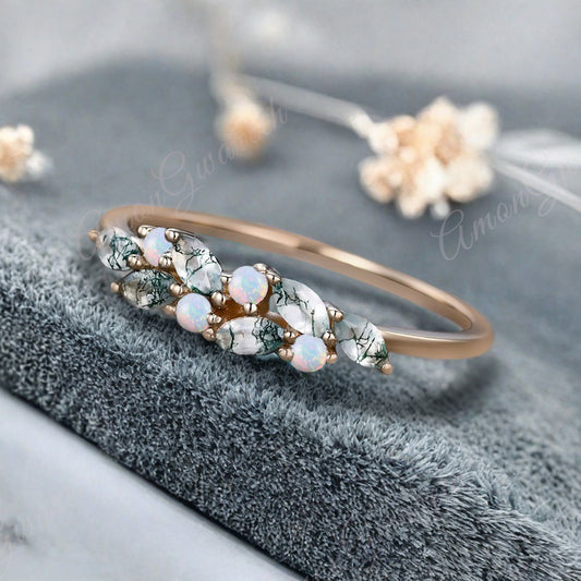 Unique Moss Agate Wedding Band Delicate Marquise Cut Moss Agate Matching Band Vintage Opal Stacking Promise Ring
